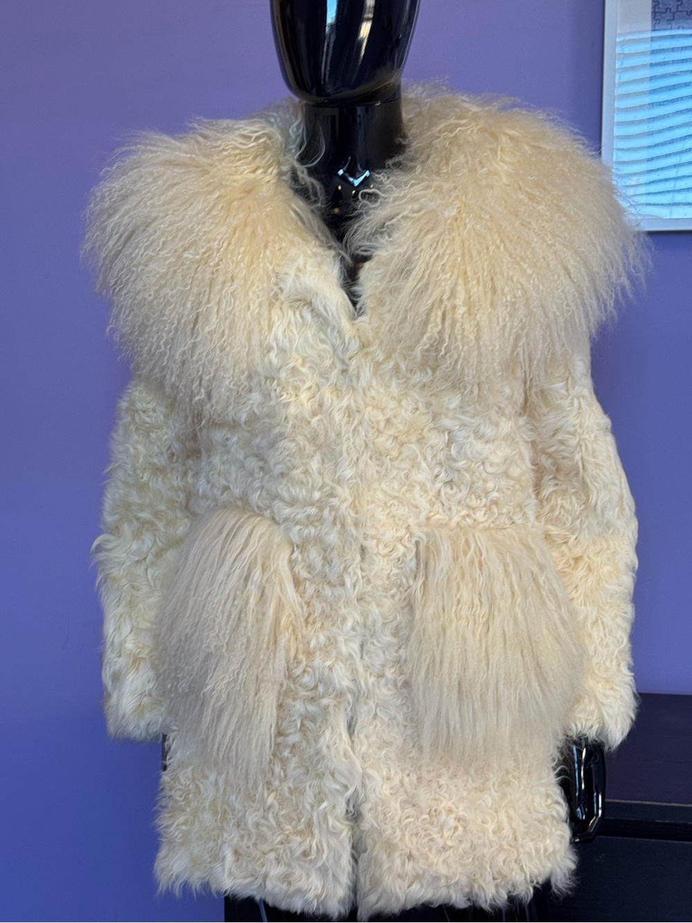 Cream ivory Shearling Mongolian fur curly Coat